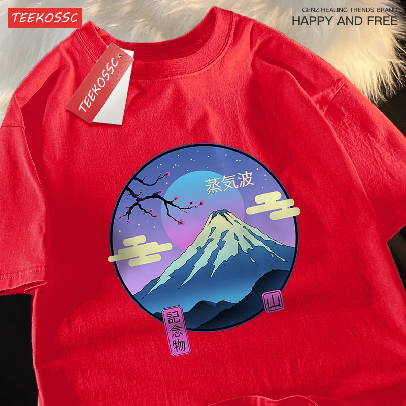 Japanese Harajuku Sakura Mount Fuji Male T-Shirt Loose Tee Clothes Summer Hip Hop Cotton Tshirt Casual Crewneck Oversized Tops