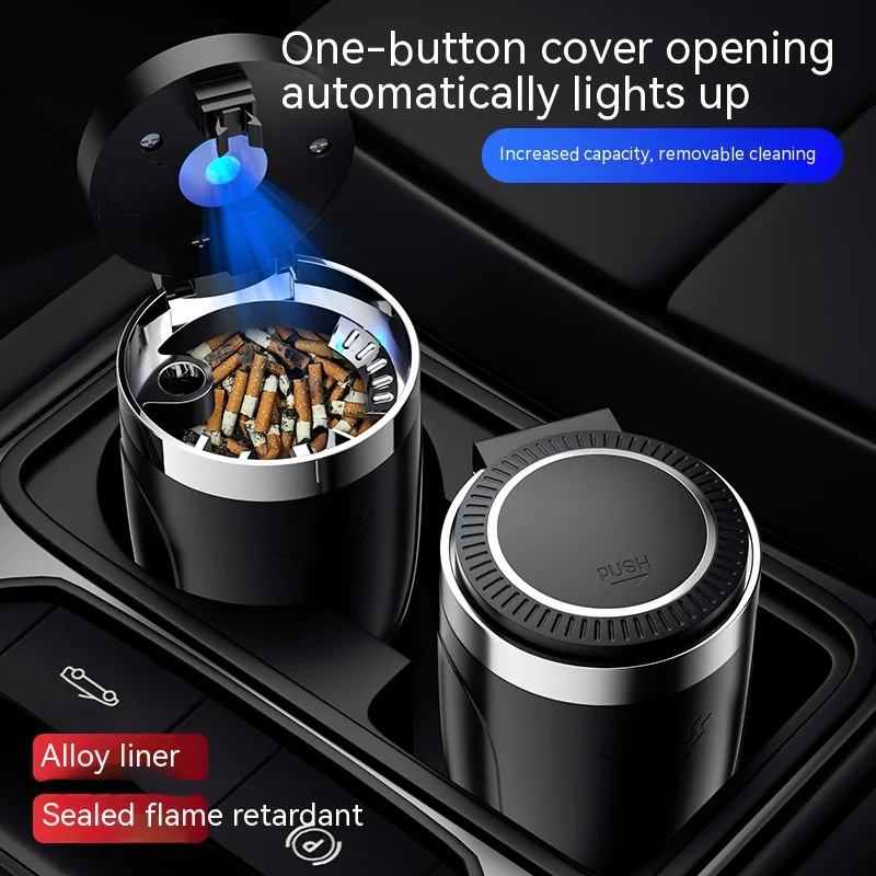 Car Ashtray,Portable Ashtray,Car Ashtray with Lid Smell Proof Stainless Steel Blue Led Fireproof One Touch Open