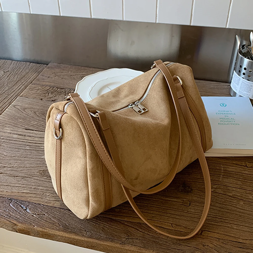 Women Suede Tote Handbag Soft Matte Top-Handle Bag Boston Shoulder Bag Large Capacity Crossbody Bags Vintage Pillow Square Bag