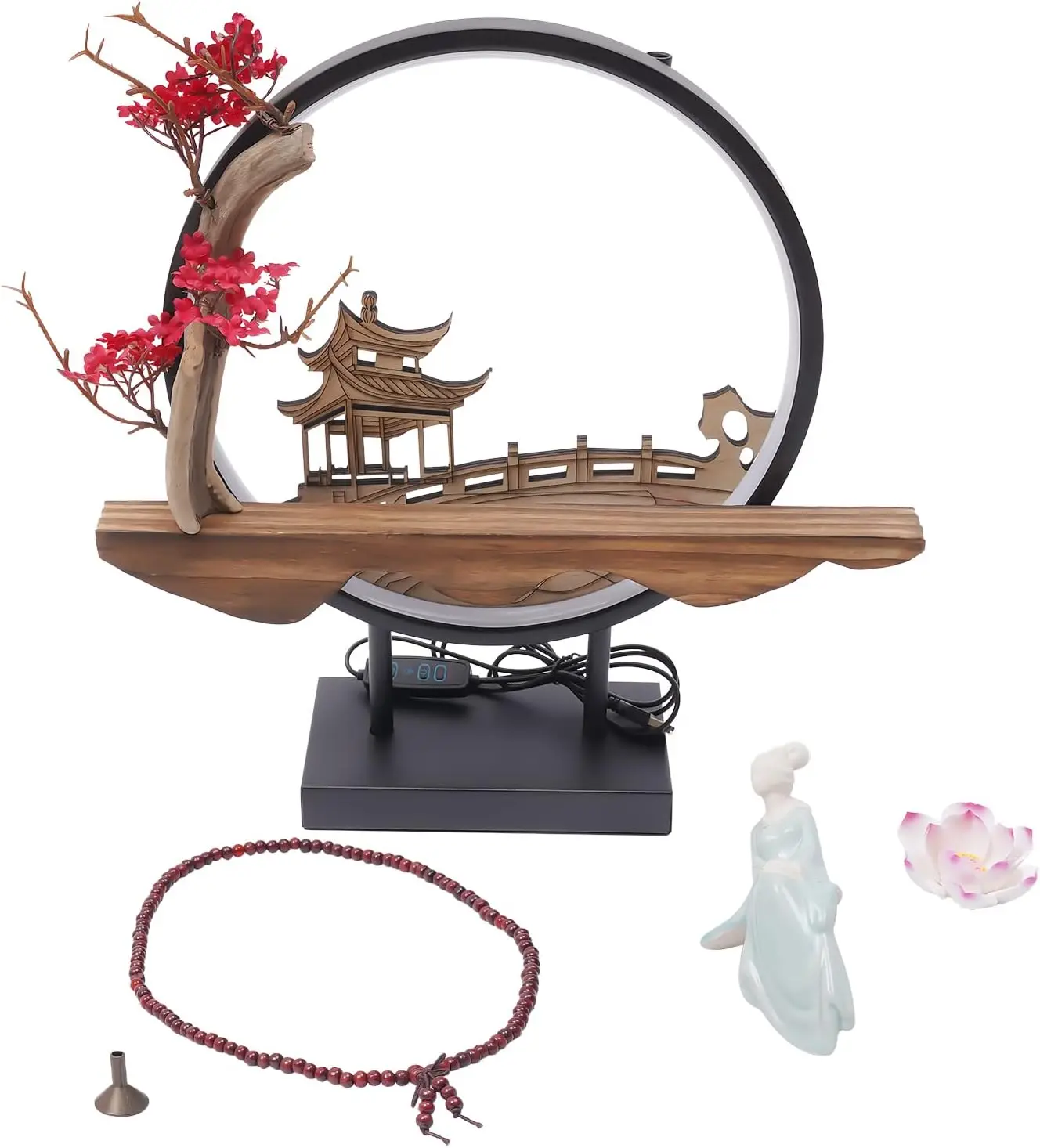 Chinese Flower Incense Holder with LED Light - Handmade Censer Burner Home Decor