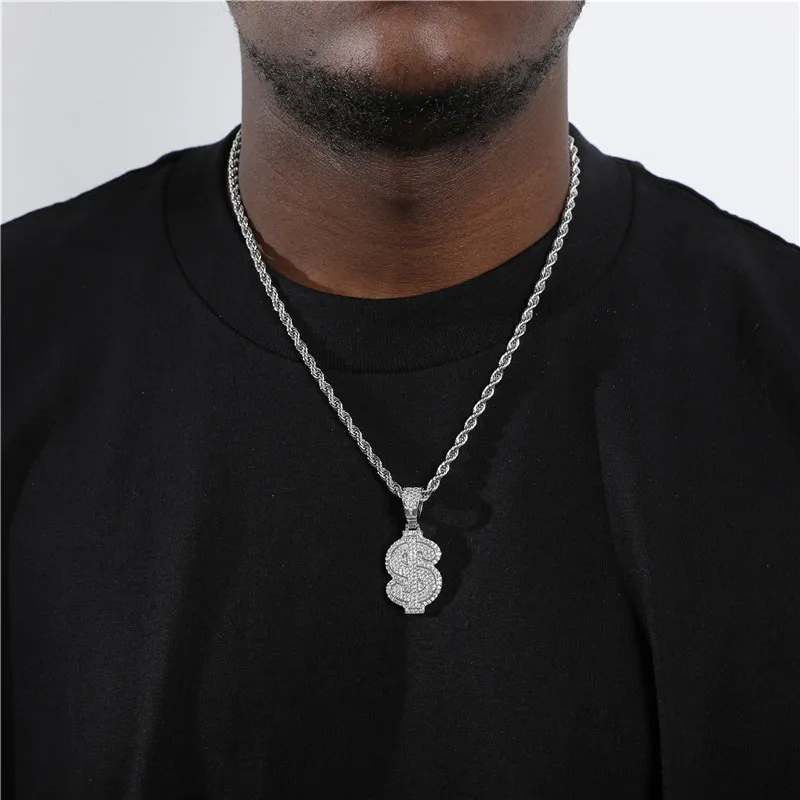 Luxury Dollar Pendant Necklaces Men Hip Hop Jewelry Gold Long Chain Big Necklace Steampunk Cubic Zircon Statement Gift