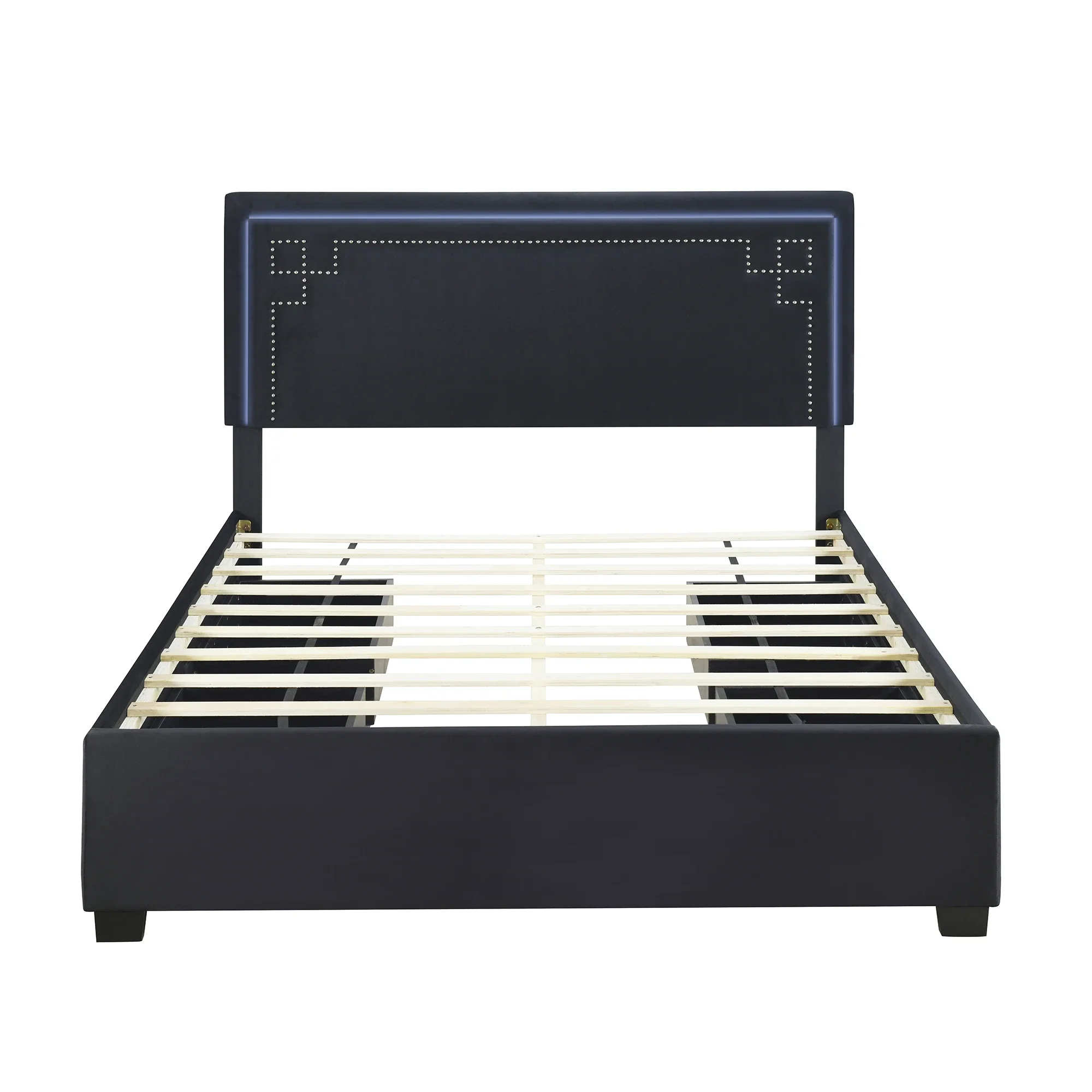 

Двуспальная кровать с мягкой платформой и украшенным заклепками изголовьем, светодиодная рама для кровати и 4 ящика, черного цвета
