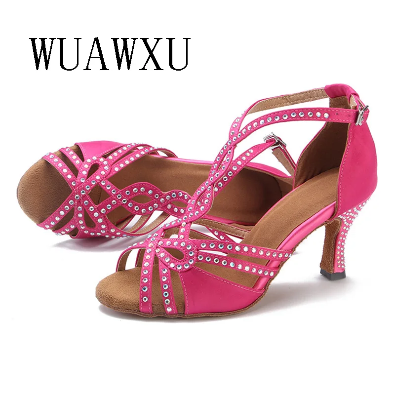 NATASHA2023 Latin Dance Shoes Women's Adult Medium Heel 7.5cm Diamond Rose Red Satin Soft Sole Indoor Dance Shoes Friendship Squ