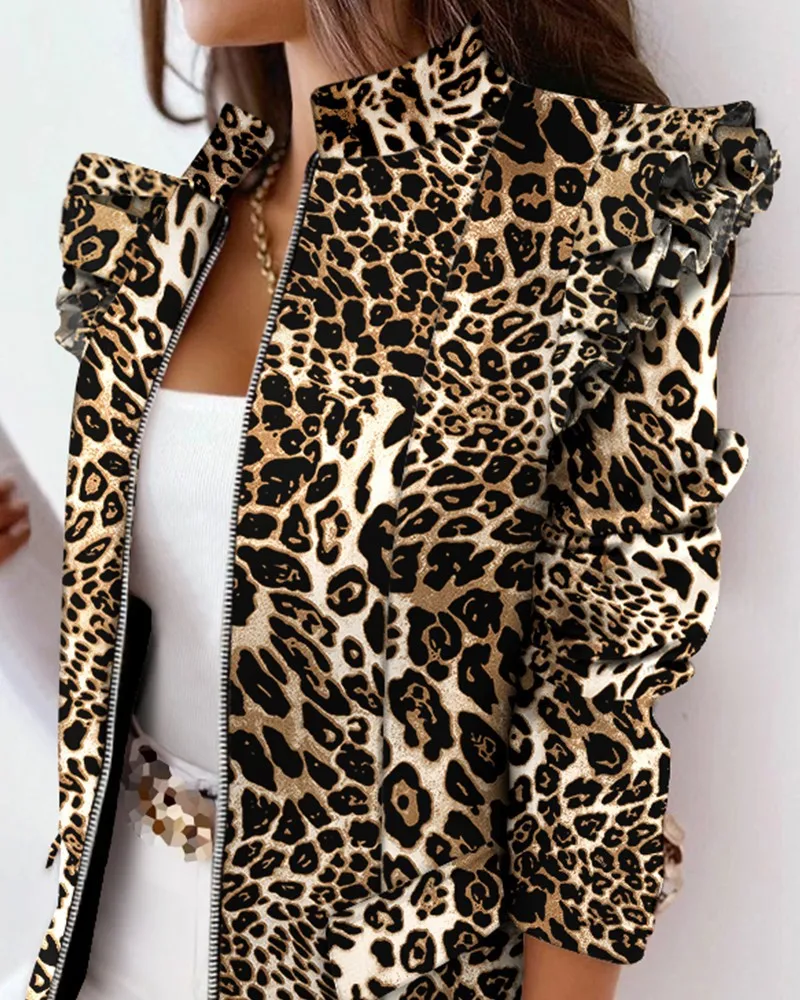 Womens Casual Lapel Zipper Leopard Printed Two Piece Suit