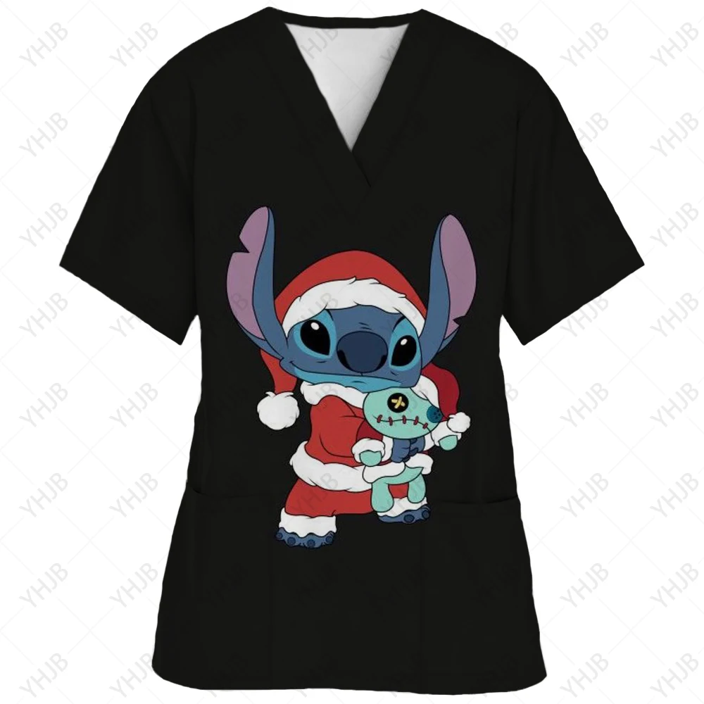 thumbnail image 1 of Blusa de uniforme de trabajo con cuello en V y cordón de manga corta con estampado de dibujos animados de Disney Stitch para mujer, 1 of 5