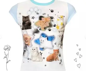 Punk Y2K Baby Tee Short Sleeve Top Gothic Street T-shirt Women's Star Cat Print White T-shirt Women's Summer Top Emo Rock Girls' 1