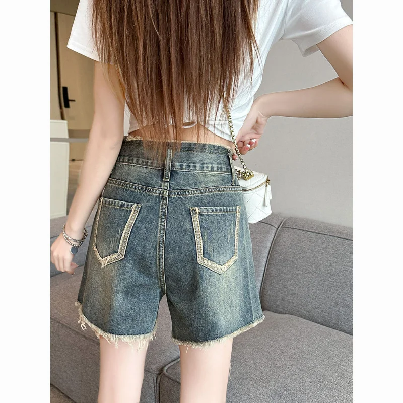 

Однотонные Соблазнительные Потрясающие шорты в стиле Ins, женская летняя тонкая верхняя одежда, модные свободные джинсовые шорты А-силуэта с широкими штанинами для женщин