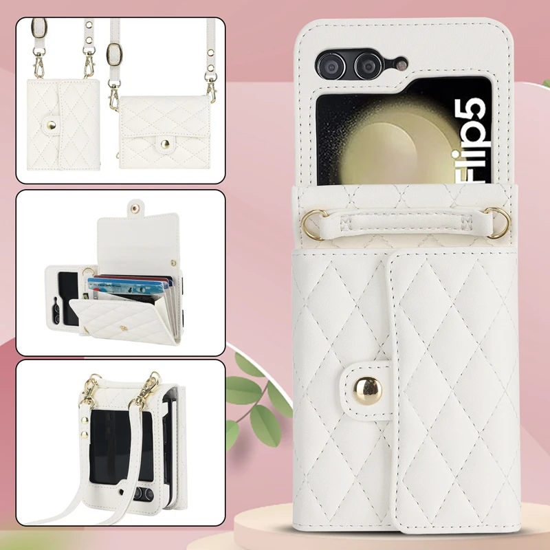 Diy Cute Rhombus Short Chain Leather Case For Samsung Galaxy Z Flip 5 Case  Z Flip4 3 Cover P50Pocket OPPO Findn2flip VIVO X Flip - AliExpress