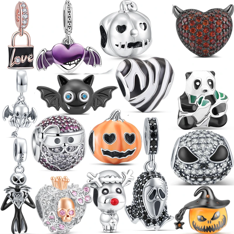 

925 Silver Charm Toothless Boy Ghost Demon Bat Pumpkin Black Pendant Fit Original Pandora Bracelet Women Jewelry Halloween Beads