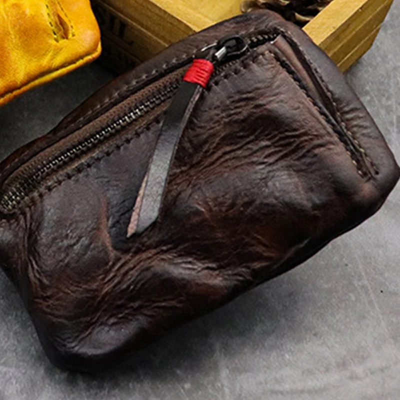 Vintage Men Genuine Leather Mini Coin Purse Card Case Holder Wallet Clutch Male Short Zipper Small Change Bag