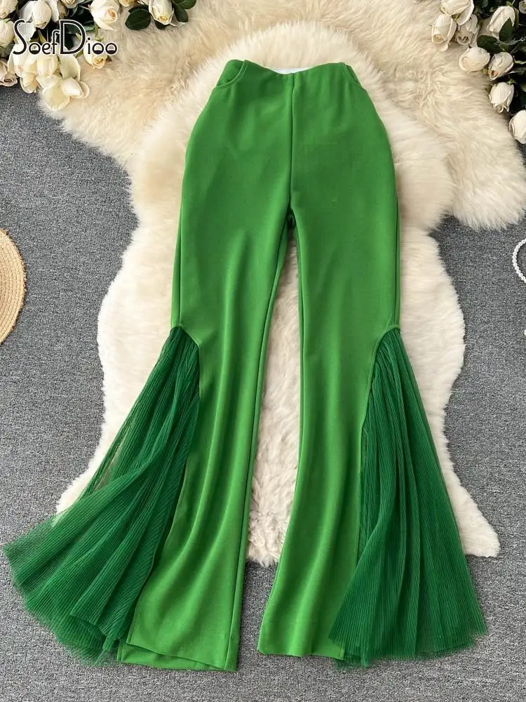 

Soefdioo Mesh Patchwork Flare Pants Women Hipster High Waist Zipper Fly Candy Color Costumes Dancing Trousers 2023 Streetwear