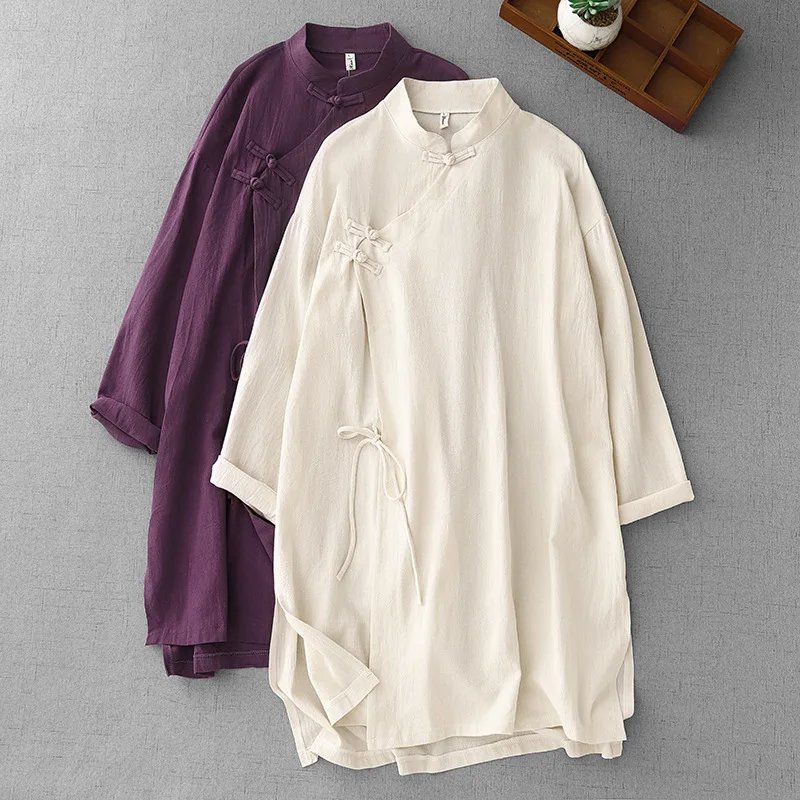 Retro Chinese Style Cotton and Linen Top Button Tea Zen Clothes Layman Meditation Tang Clothing Women