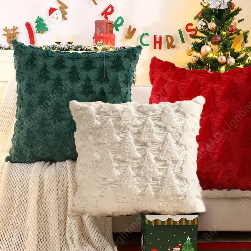 Plush Christmas Pillow Cover Embroidered Decorative Cushion Case Soft Throw Pillowcase for Sofa Living Room No Pillow Core