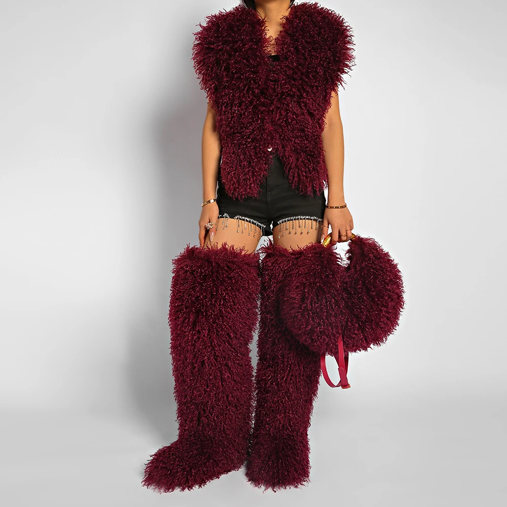 Womens 29 Inch Over The Knee Faux Mongolian Thigh Highs Faux Fur Boots Y2k Fluffy Mardi Gras Mambo FurBoots Boots