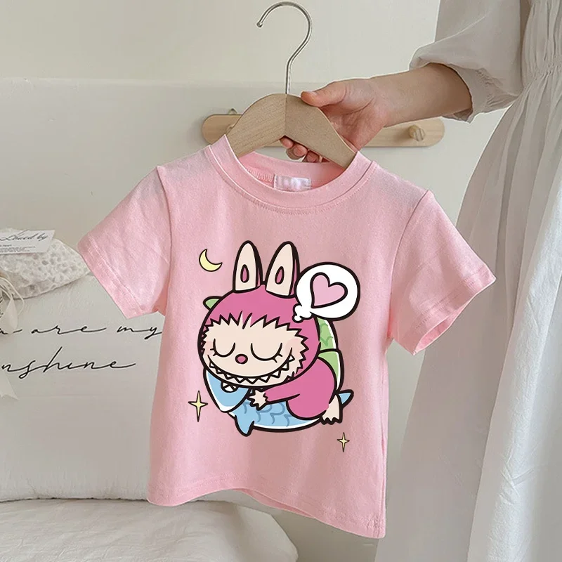 Labubu Pop Mart Pink T-shirt for Children Cartoon Anime Summer Short Sleeved Shirt Boys Girls Fashion Cute Clothing Kids Clothes 6