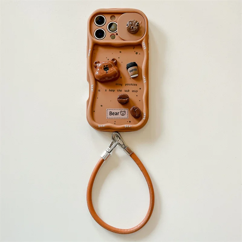 3D Coffee Cartoon Bear Phone Case with Wrist Strap and Push-Pull Sliding Camera Shockproof Cover