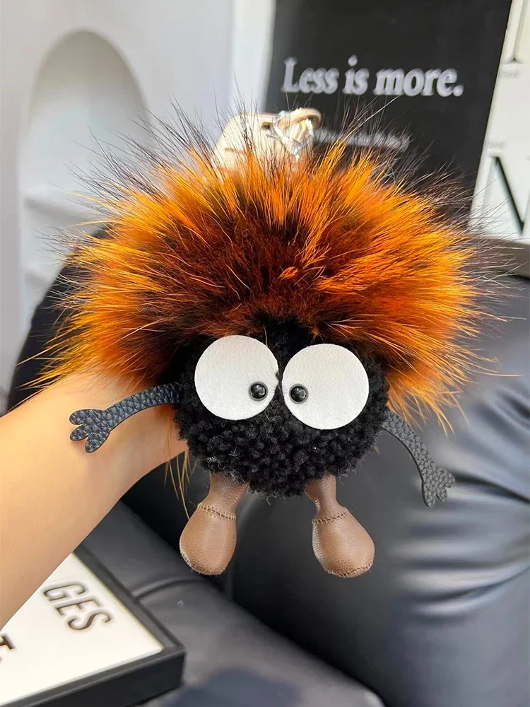 15cm Cute Cartoon Wool Small Coal Ball Car Keychain Real Raccoon Fur Pendant Elf Plush Ball Bag Pendant Hobby Collection Gift