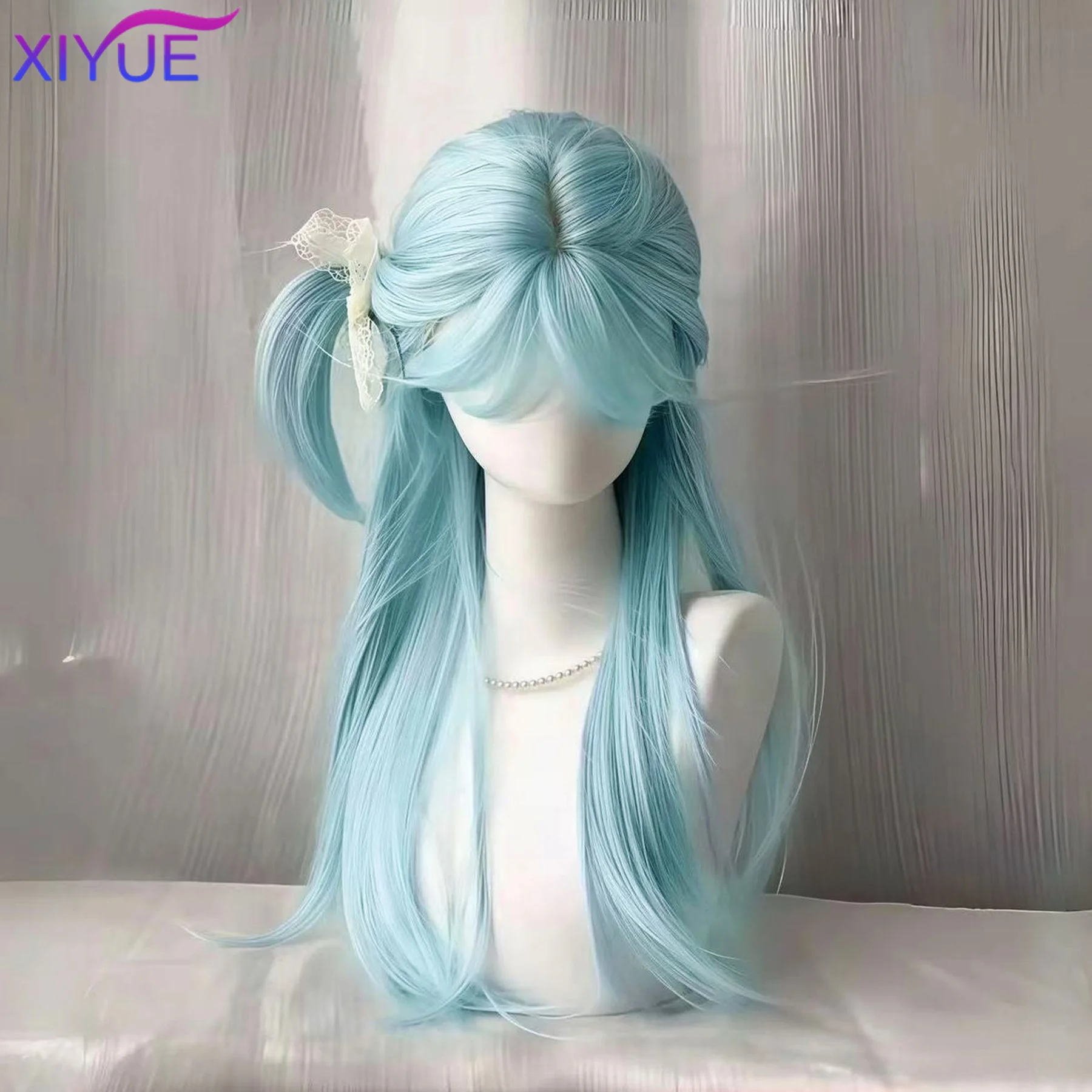 XIYUE Wig blue-green Wig for Women Long Wavy Hair Heat-resistant blue-green Wisg with Bangs Lolita Synthetic Wigs 가발