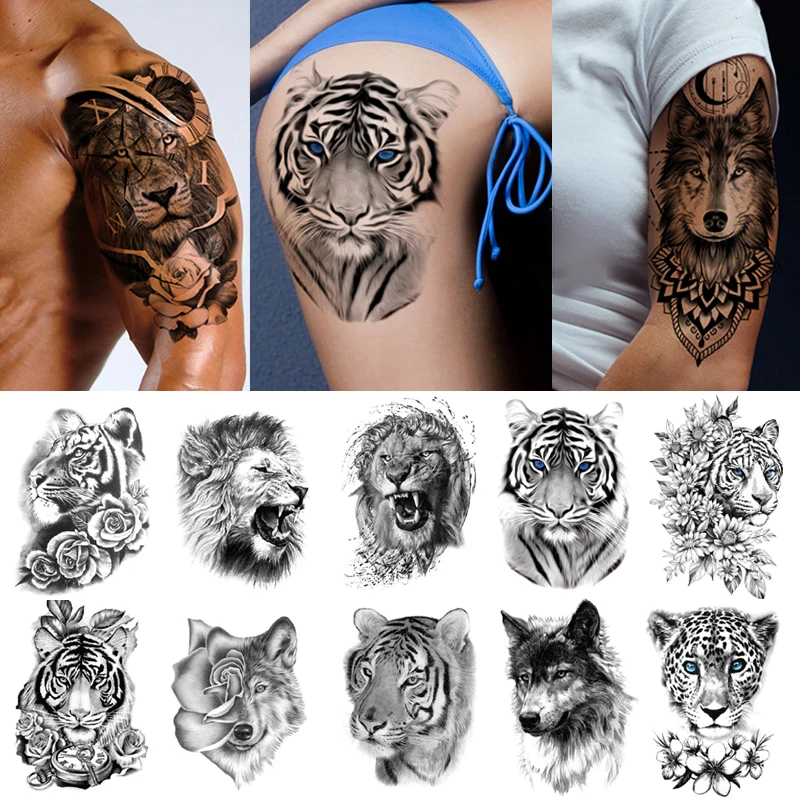 

Free Shipping Tattoo Sticker For Men Women Lion Tiger Wolf Animal Head Temporary Tattoo Water Transfer Tatto Sticker Waterproof