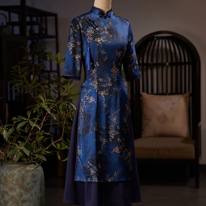 

Chinese Aodai Dress Sexy Seven Points Sleeve Women Flower Printed Satin Mandarin Collar Qipao Oriental Cheongsam