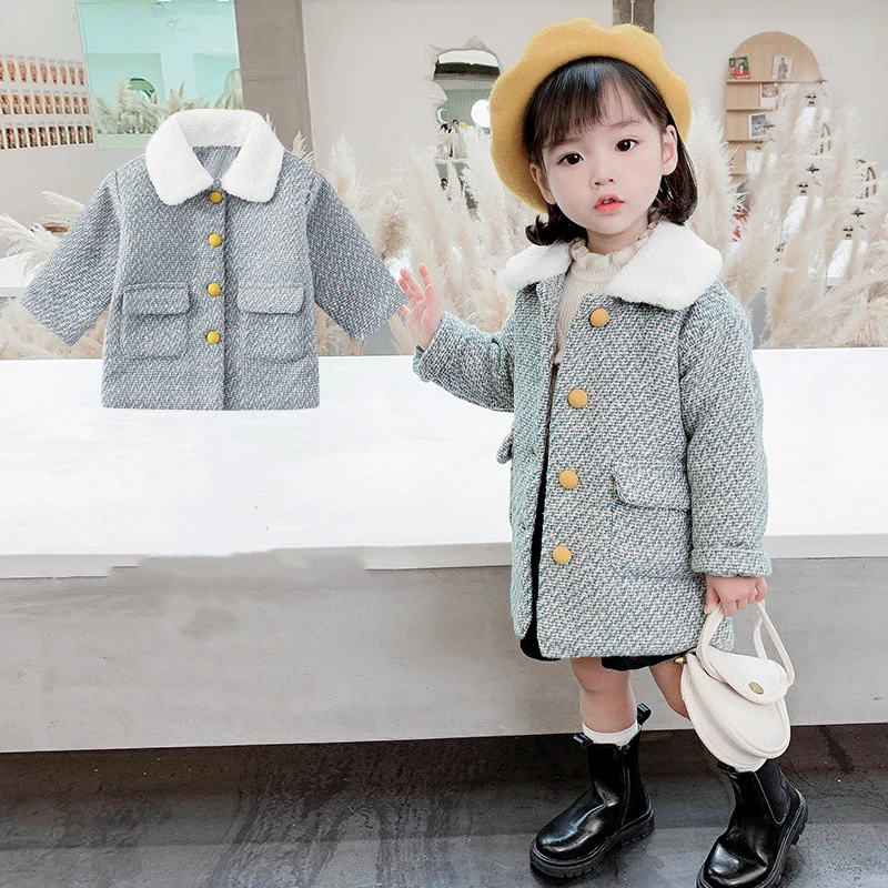

Girls Woolen Coat Jacket Outwear 2022 Blue Plus Thicken Spring Autumn Cotton Overcoat Comfortable Teenagers Tops Children's Clot