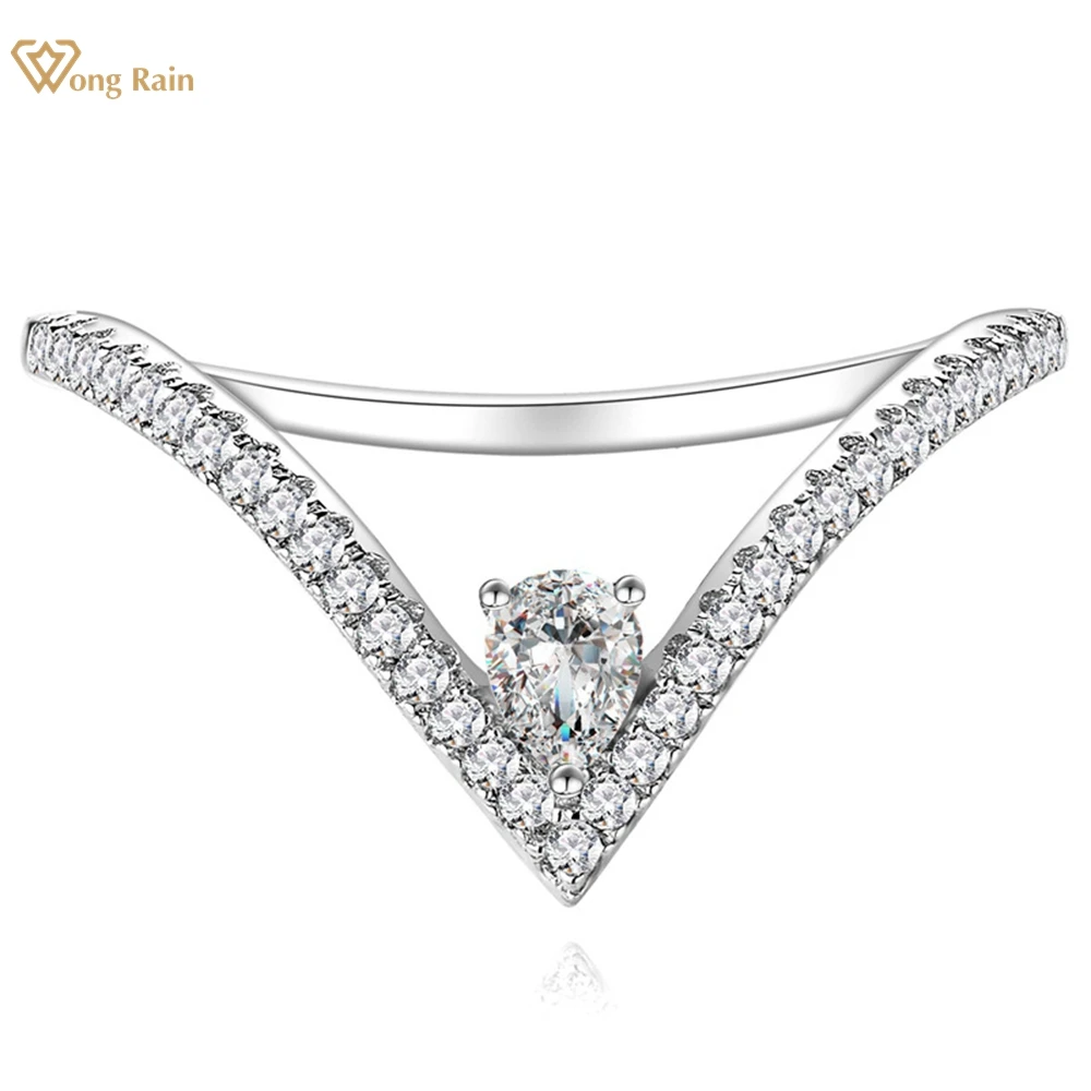 

Wong Rain 100% 925 Sterling Silver 3*4 MM Pear Cut Lab Sapphire Gemstone Wedding Party Simple V-Shaped Ring Jewelry for Women