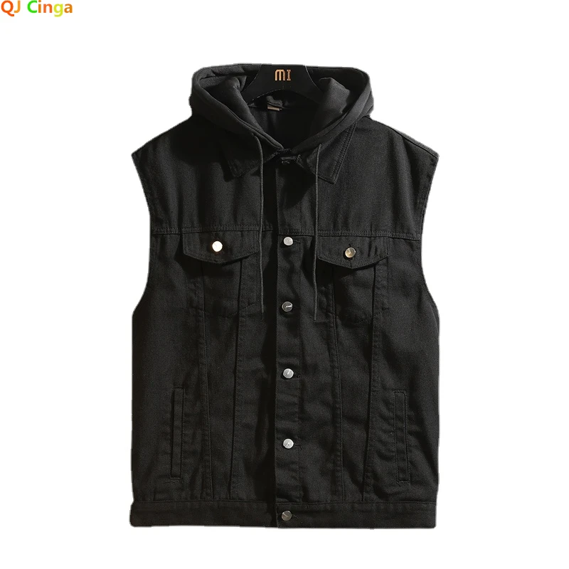 2023 Men's Spring/Summer Autumn Denim Vest Jacket Teenagers Black Leisure Hooded Vests Coat Plus Size Waistcoat M-5XL