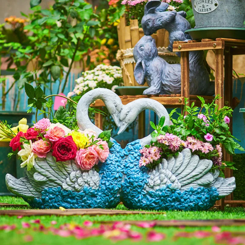 

Pastoral Potted Fleshy Green Couple Swan Flower Pot Cement Ornaments Courtyard Figurines Crafts Outdoor Furnishing Decoration