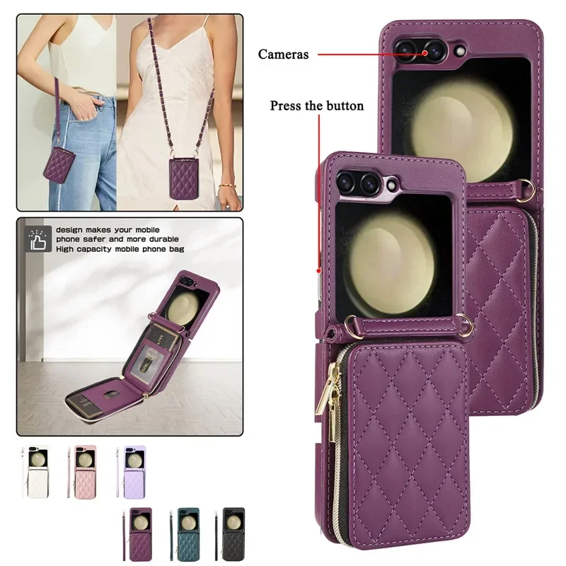 Crossbody Lanyard Leather Zipper Wallet Card Phone Case For Samsung Galaxy Z Flip 5 4 3 Luxury Wrist Rope Flip Stand Cover Coque