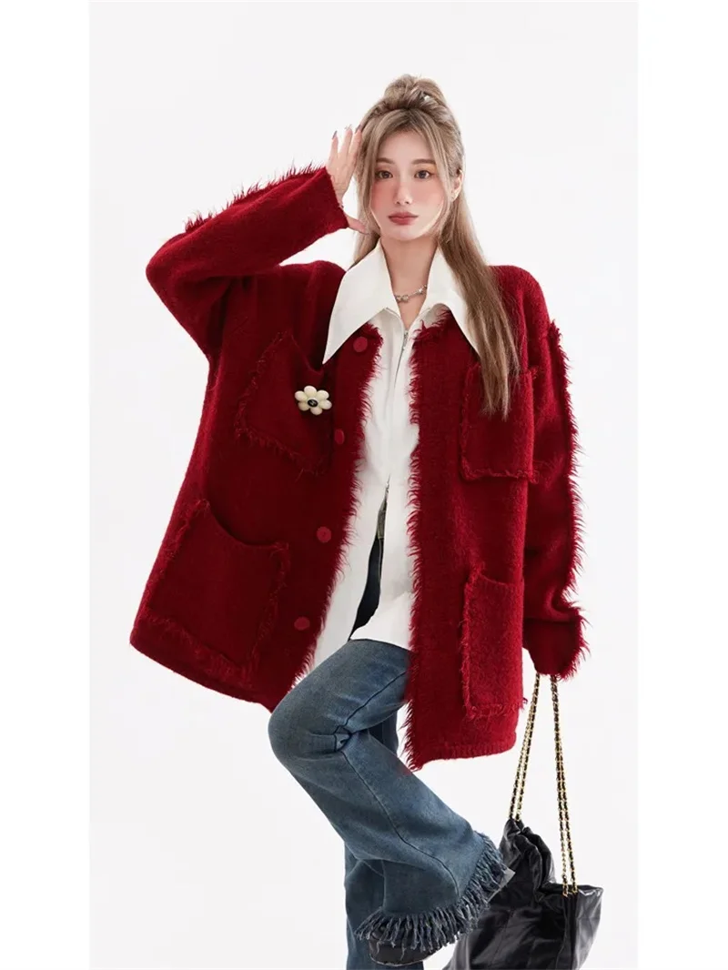 Red Fashion Simple Commuter Tassel Knitted Pocket Design Sense Cardigan Coat Women's Spring Autumn New Korean Sweater Top Trend