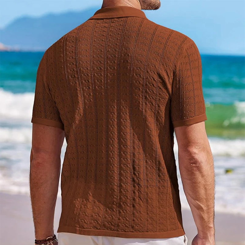Mens Knitted Short Sleeve Shirts Vintage Texture Casual Breathable