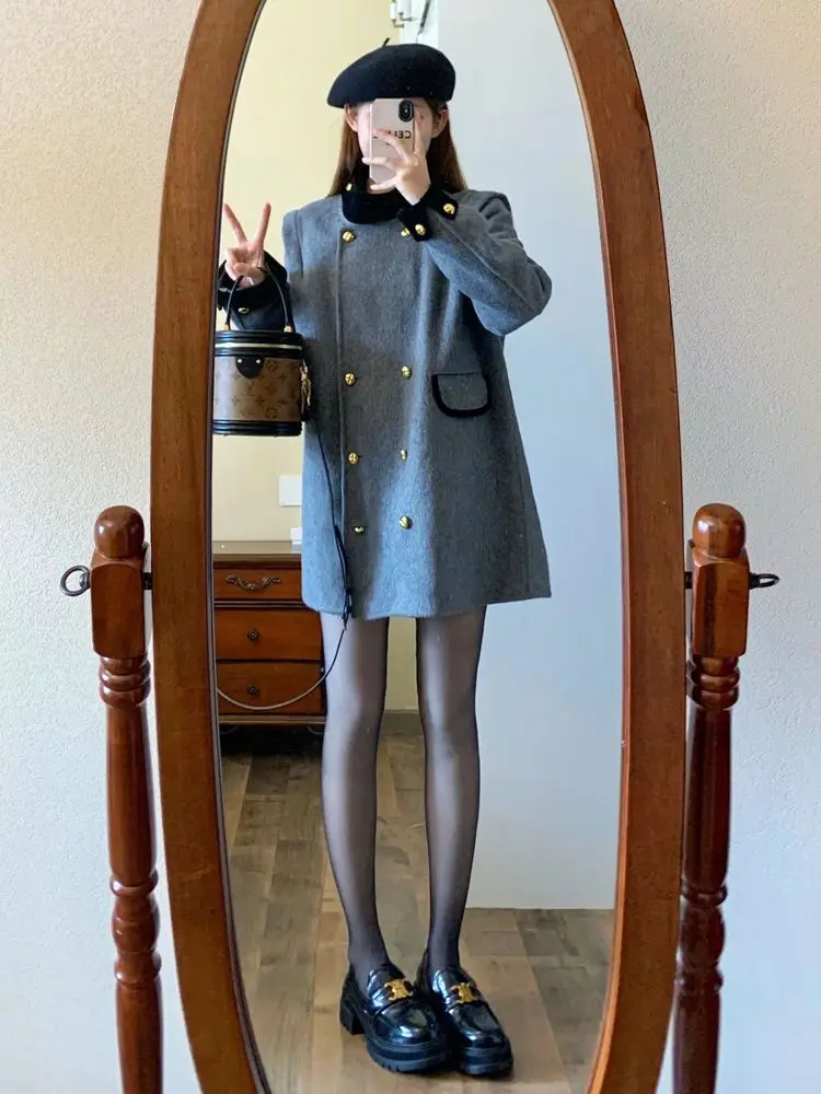 Autumn and winter French Style Woolen Women's Coat Double Breasted Long Sleeve O-Neck Fashion Maternity A-Line Coats Long Jacket