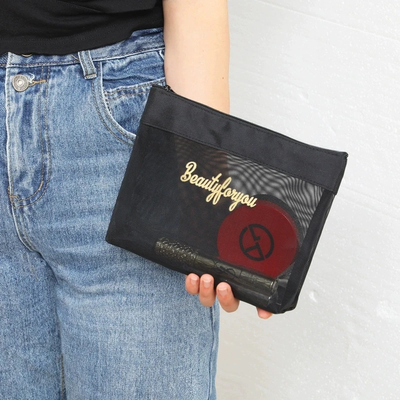 2pcs/set Chic Large Capacity Mesh Wash Bag Portable Travel Cosmetics Storage Bag Outdoor Beach Bath Tote Bag with Clutches Pouch