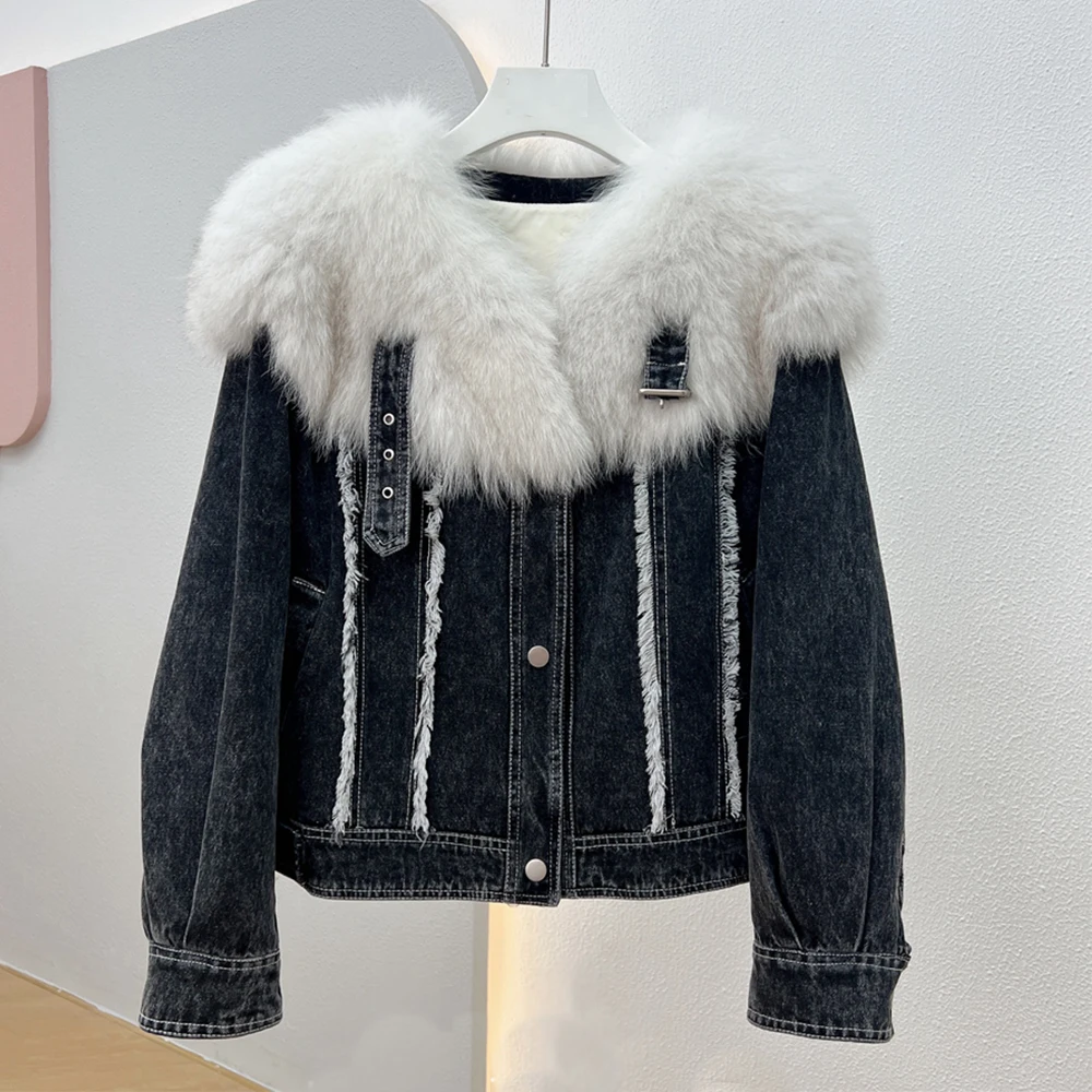 

ANNSIRGRA Women Denim Jacket With Real Fox Fur Collar White Duck Down Filler Coat Luxury Warm Parka Fashion Outerwear