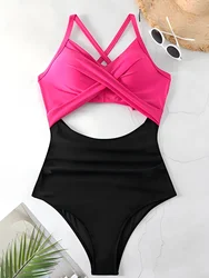 Elegant Ruched One - Piece Swimsuit for Women - Solid Summer Beachwear (2Hot Pink Black)