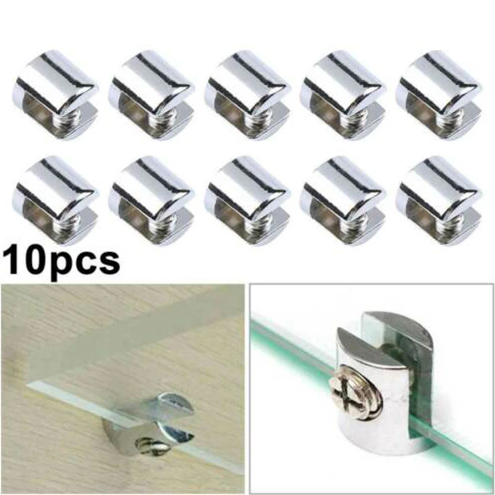 10Pcs 6-8mm Glass Shelf Support Clamp Bracket Clip Chrome Shelves Bathroom Mirror Tight Clip Holder Door Hardware Part