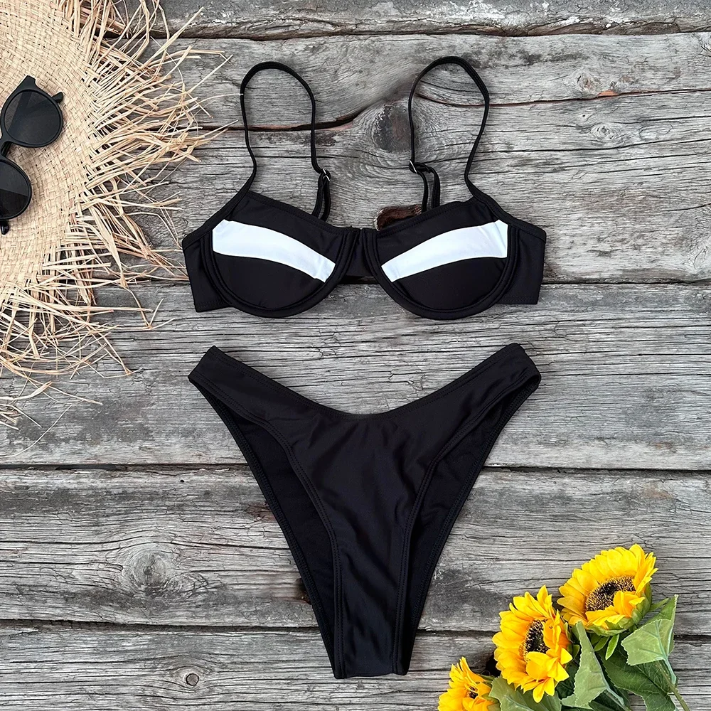 Bikini set bikini swimsuit women swimwear 2025 solid thong Brazilian bikinis black white bathing suit female summer beach wear
