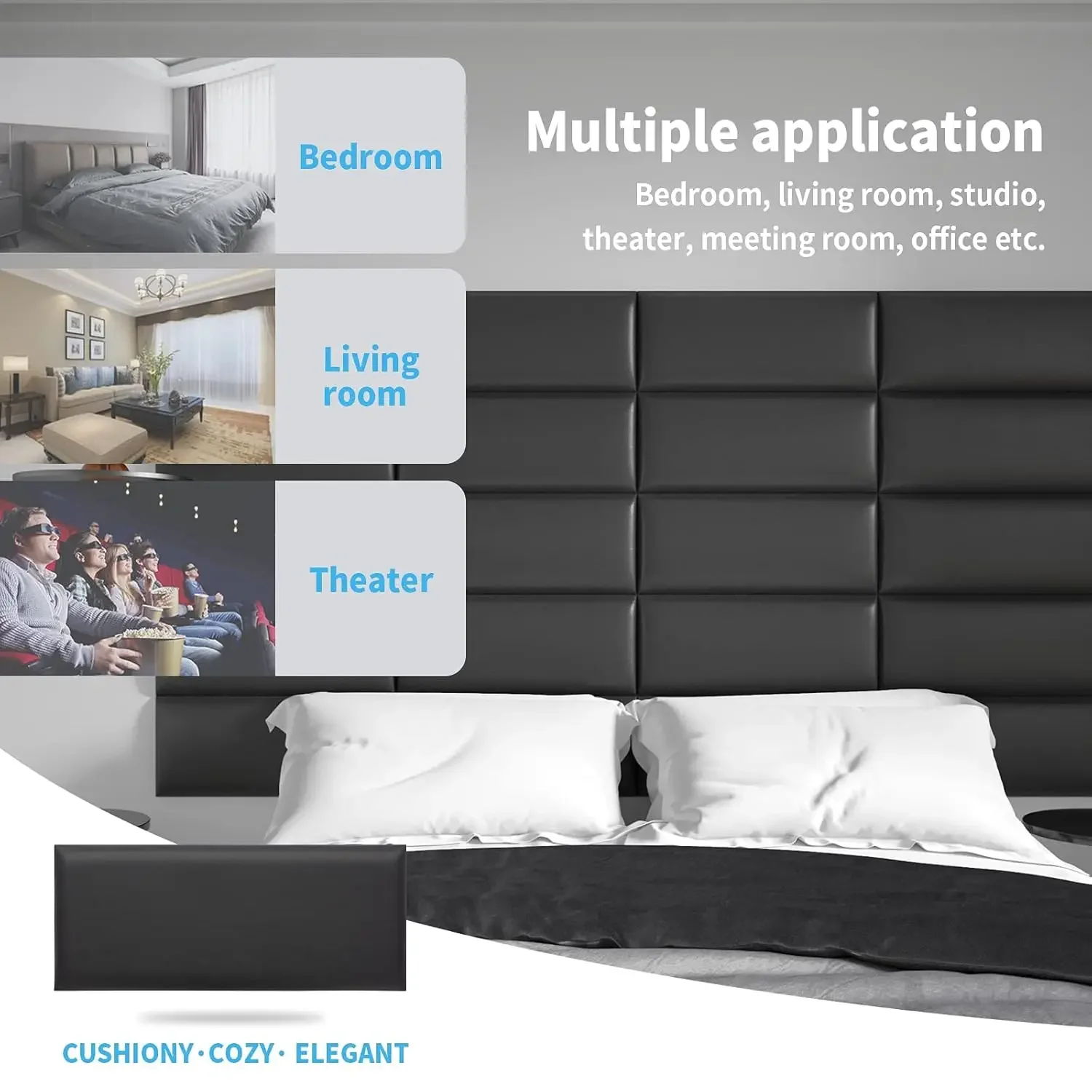 Peel and Stick Black King Headboard, 12-Pack Upholstered Headboard for Queen, Full-size Bed, Padded Wall Panel