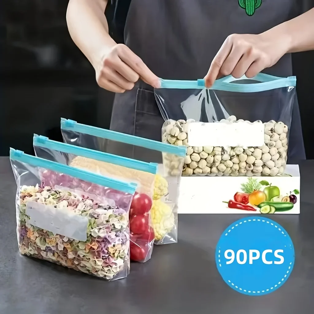 Reusable Clear Ziplock Food Storage Bags with Colorful Labels - Durable Sealed Bags