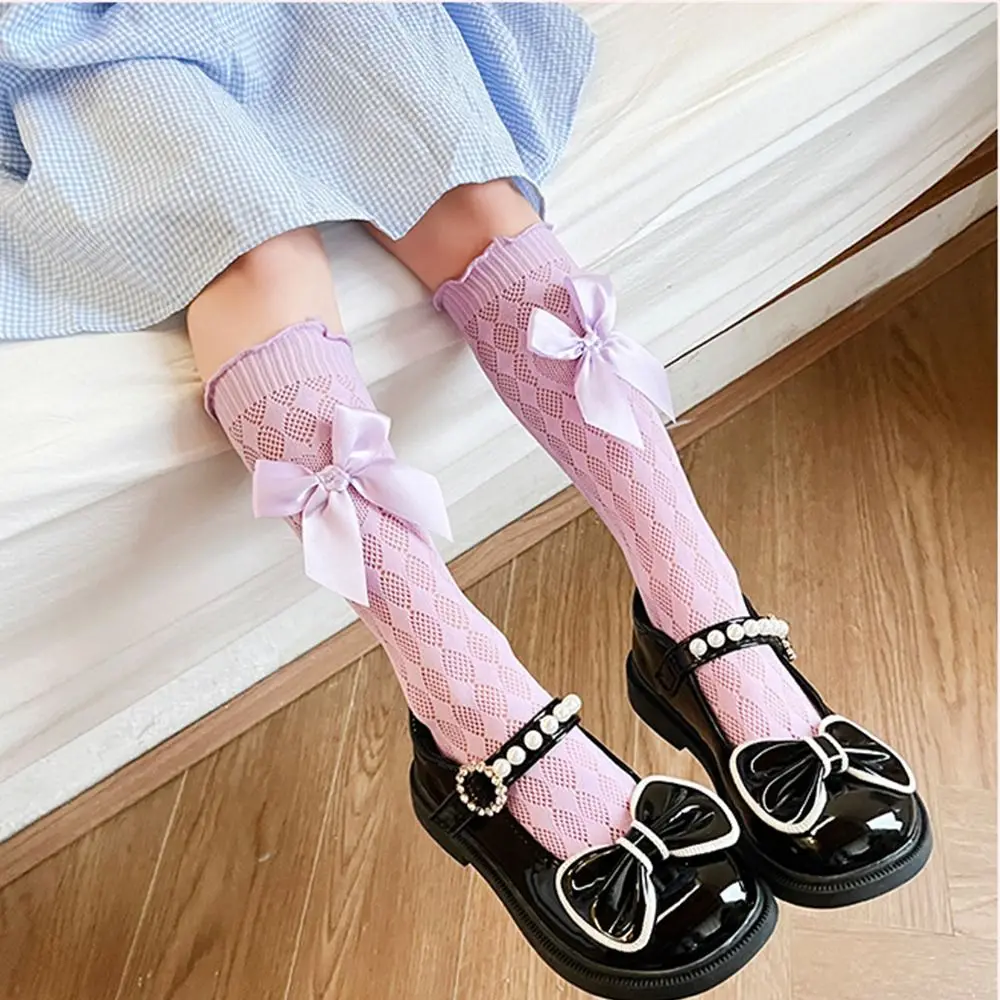 

Breathable Soft Preppy Style Bow Lace Socks Spring Solid Color Girls Calf Socks Pile Sock Cotton Hosiery Korean Style Stocking