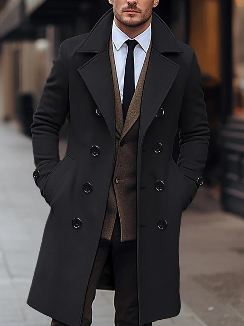 Men Coat Autumn Winter Double Breasted Mid Length