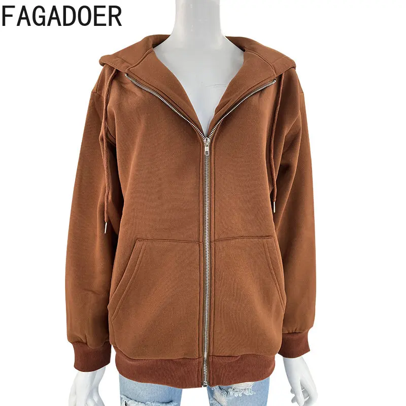 FAGADOER Casual Zipper Hooded Long Sleeve Coat Women Solid Color Loose Sport Clothing Spring New With Pocket Top 2023 Streetwear