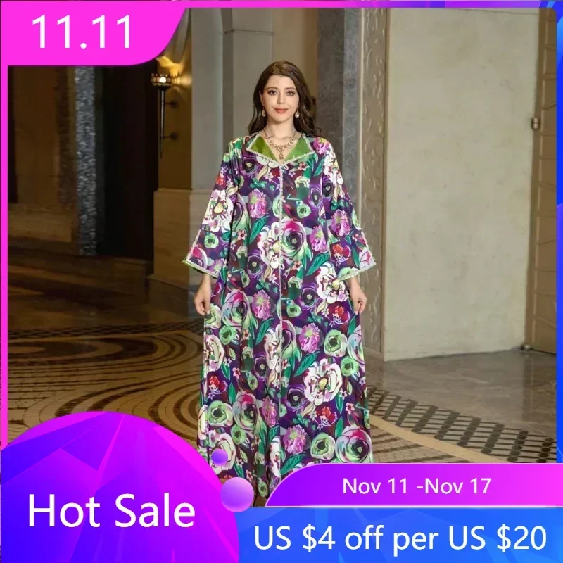 

Arab Dubai Jalabiyat Women Diamonds Printing Casual Abaya Moroccan Turkish Islamic Long Sleeve V-Neck Kaftan Muslim Eid