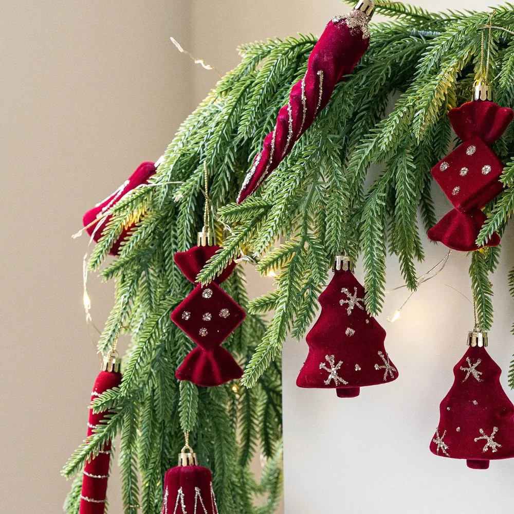 2PCS/Set Velvet Christmas Candy Cane Bell Icicle Ornaments Burgundy Red Xmas Tree Hanging Pendants Christmas Party Home Decor