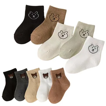 5Pairs Baby Socks Infant Cartoon Solid Color Soft and Comfortable White Mid-Calf Socks for Daily Life 1