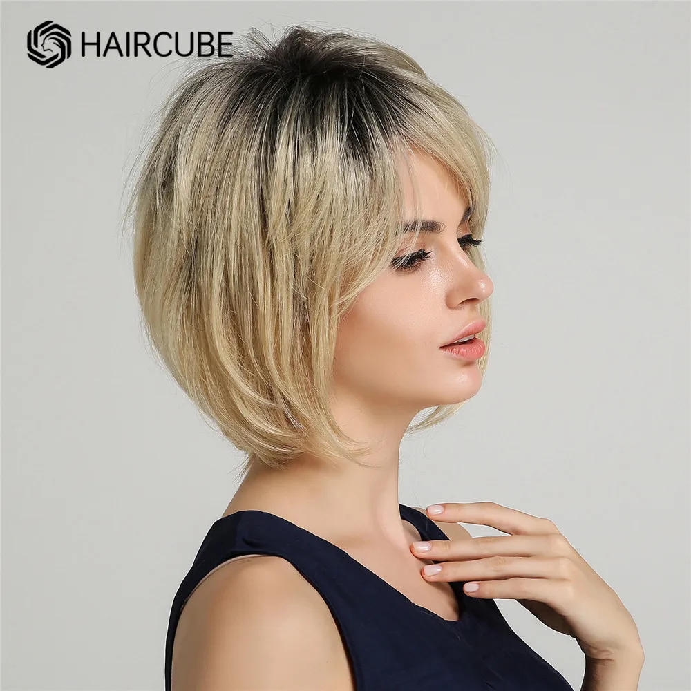 HAIRCUBE Short Bob Blend Human Hair Wigs Brown Ombre Blonde Golde Layered Straight Blend Human Hair Wig with Bang Heat Resistant