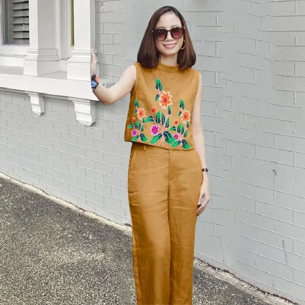 

Summer T-shirt Pants Set Elastic Waist Pockets O Neck T-shirt Pants Set Two Pieces Set Lady Vest Pants Suit Women Clothes