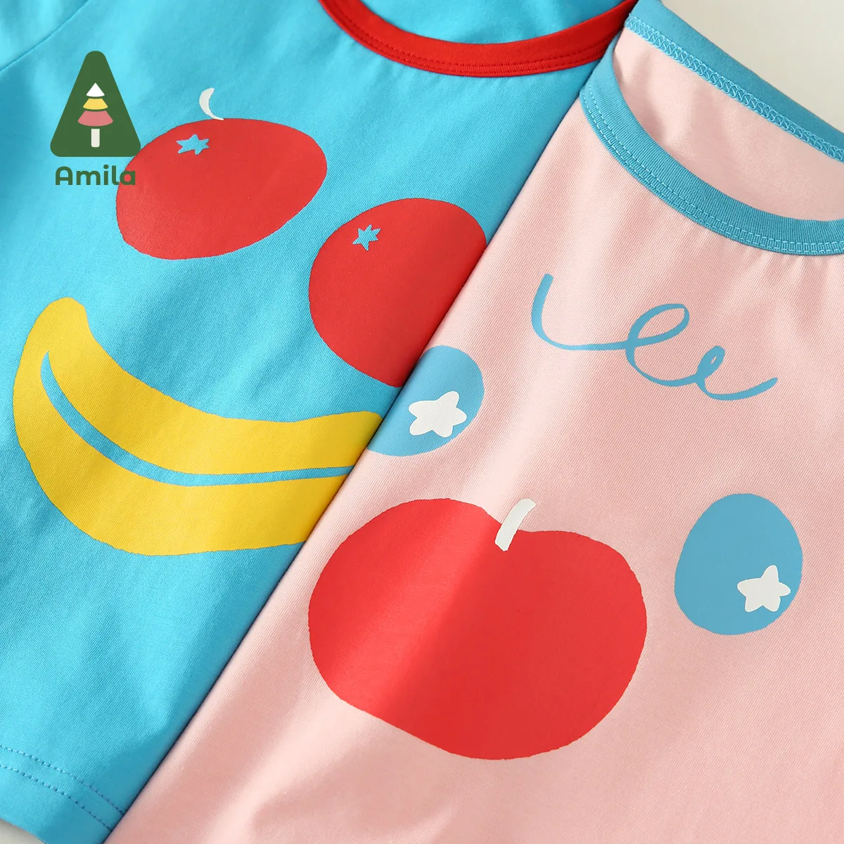 Amila Baby T-shirt Summer New Fun Fruit Emoticon Print Soft Wicks Sweat Short Sleeve Boys and Girls Clothing