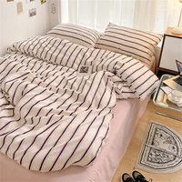 Pure Cotton Home Textile Blue Striped Bedding Set Simple Soft Duvet Cover Sheet Pillowcase Ins Style Bed Linens Queen King Size 4