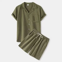 Summer Men's Casual Short-sleeved Shorts Suit Solid Color Lapel Button Pocket Shirt+elastic Drawstring Shorts Sports Suit 1